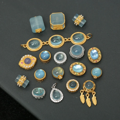 S925 старинное французское серебро, инкрустированное натуральным кристаллом аквамарина, сахарным кубиком, золотые аксессуары, браслеты ручной работы своими руками, разделенные подвеской из бисера