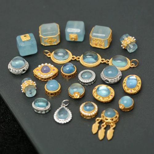 S925 старинное французское серебро, инкрустированное натуральным кристаллом аквамарина, сахарным кубиком, золотые аксессуары, браслеты ручной работы своими руками, разделенные подвеской из бисера