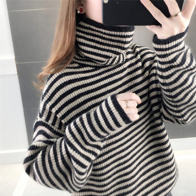 Turtleneck Sweater Women's Pullover Thickened 2023 Autumn and Winter New Korean Style Loose Pile Collar Long Sleeve Striped Sweater Trendy