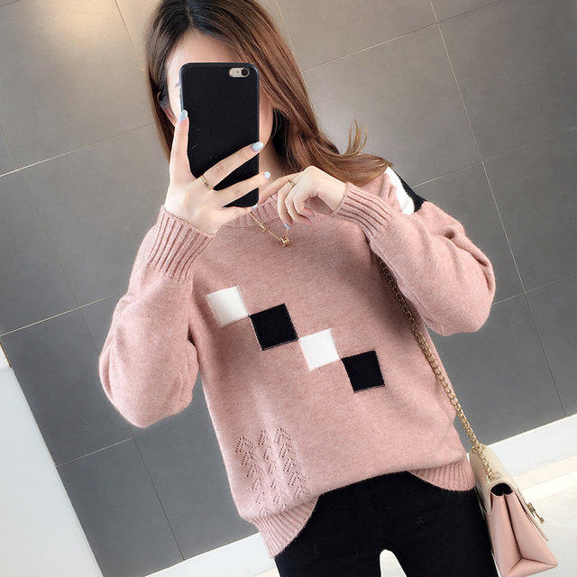 Sweater women's 2023 autumn and winter new style round neck long-sleeved inner layered shirt color matching short loose pullover sweater trendy