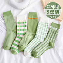 Socks womens stockings spring and summer pure cotton plaid mid-tube socks Japanese college style ins tide long tube summer thin section