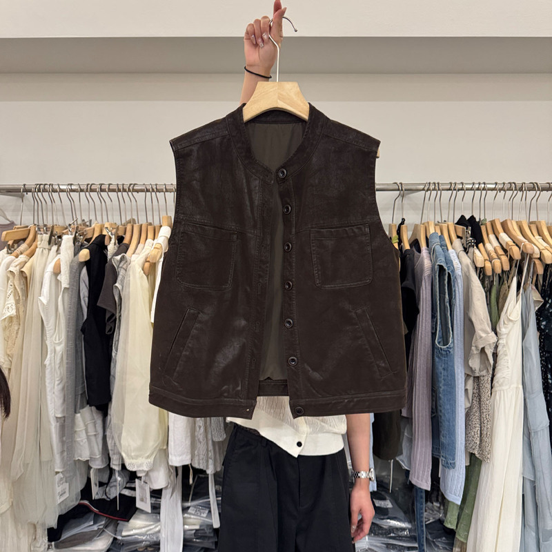 Retro Pu Leather Short Jacket Vest for Women Autumn 2026 New Single-Breasted Round Neck Sleeveless Jacket Trendy 78905 Retro Pu Leather Short Jacket Vest for Women Autumn 2026 New Single-Breasted Round Neck Sleeveless Jacket Trendy 78905