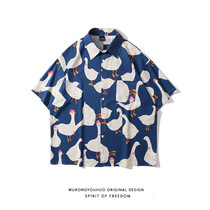 Summer New Tide brand retro goose full print short sleeve shirt men and women Street loose bf lazy wind Ruffian handsome shirt