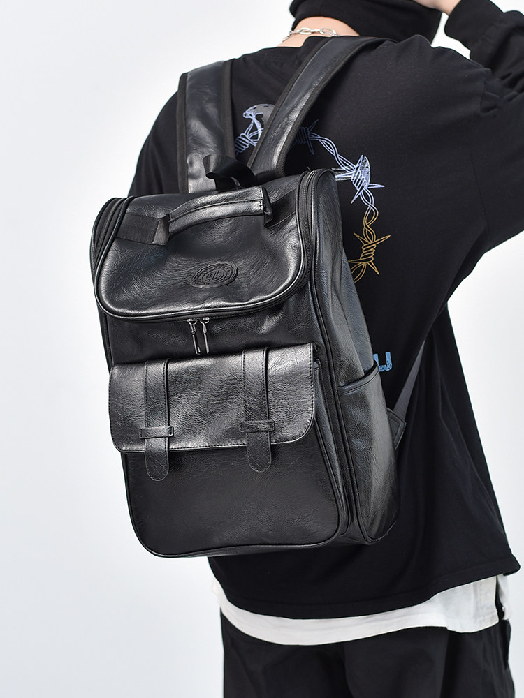 Backpack Men's Retro Casual Backpack Boys' Trendy Pu Leather Travel Bag College Student High School Student School Bag Computer Bag