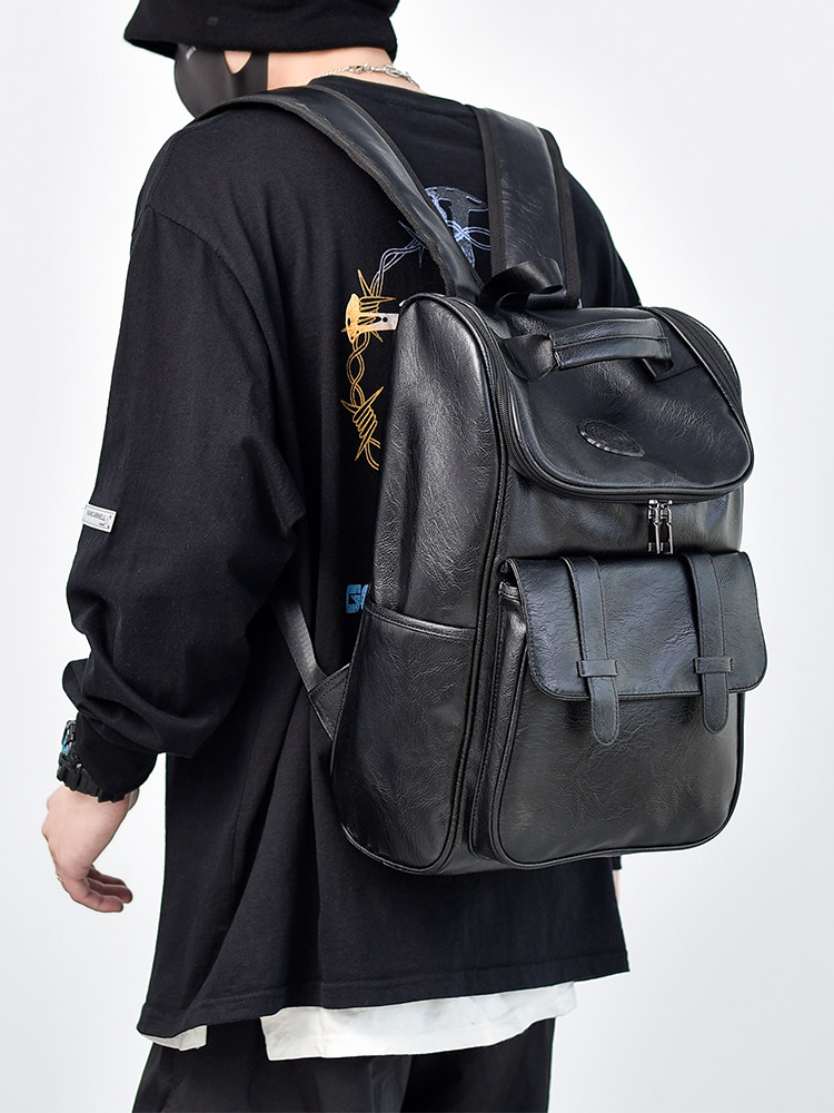 Backpack Men's Retro Casual Backpack Boys' Trendy Pu Leather Travel Bag College Student High School Student School Bag Computer Bag