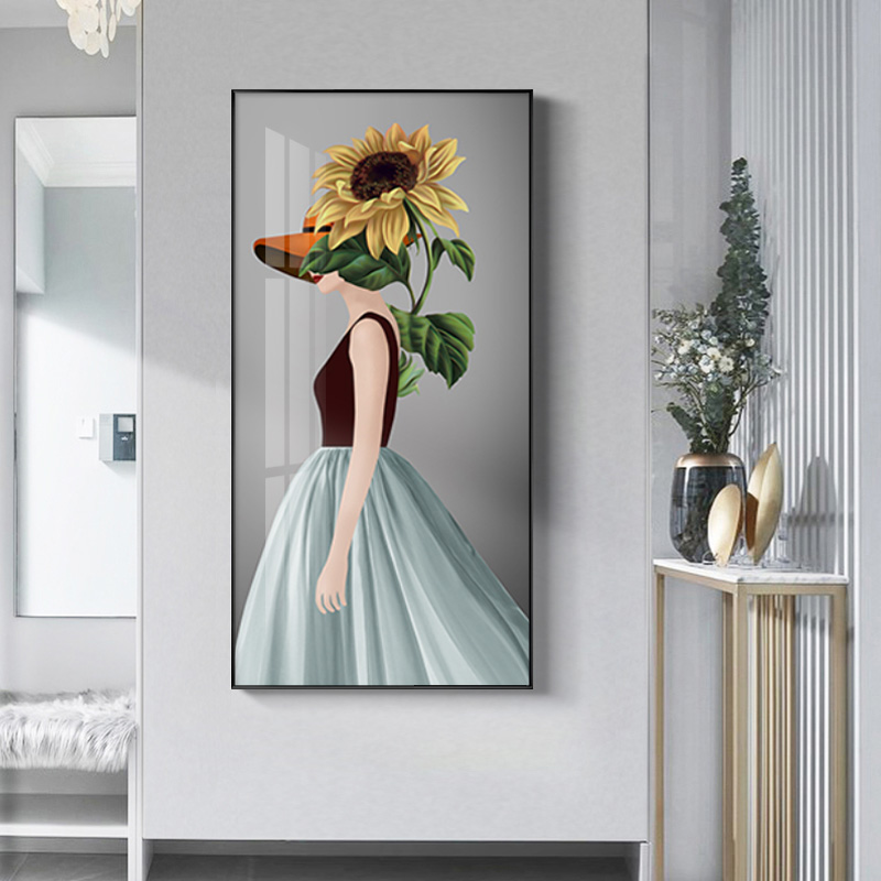 Flower season girl porch decorative painting vertical version simple modern corridor aisle mural small fresh beauty character hanging painting