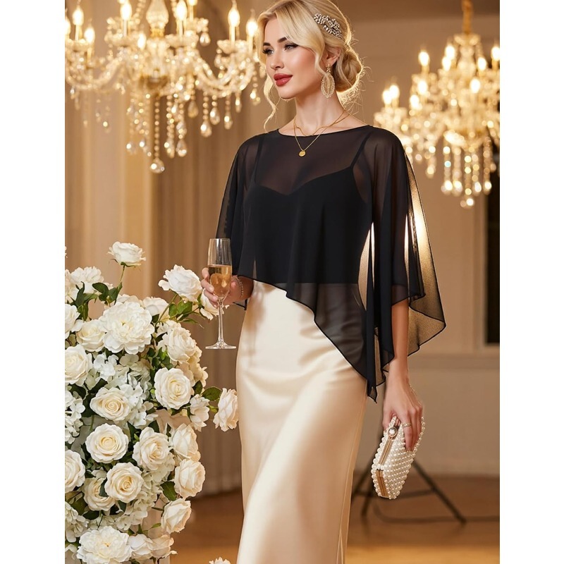 Bridal Chiffon Shawl, Banquet Dress, Pullover Chiffon Shirt, Thin Sun Protection, Arm-Covering, Slimming, Irregular Outerwear for Women Bridal Chiffon Shawl, Banquet Dress, Pullover Chiffon Shirt, Thin Sun Protection, Arm-Covering, Slimming, Irregular Outerwear for Women