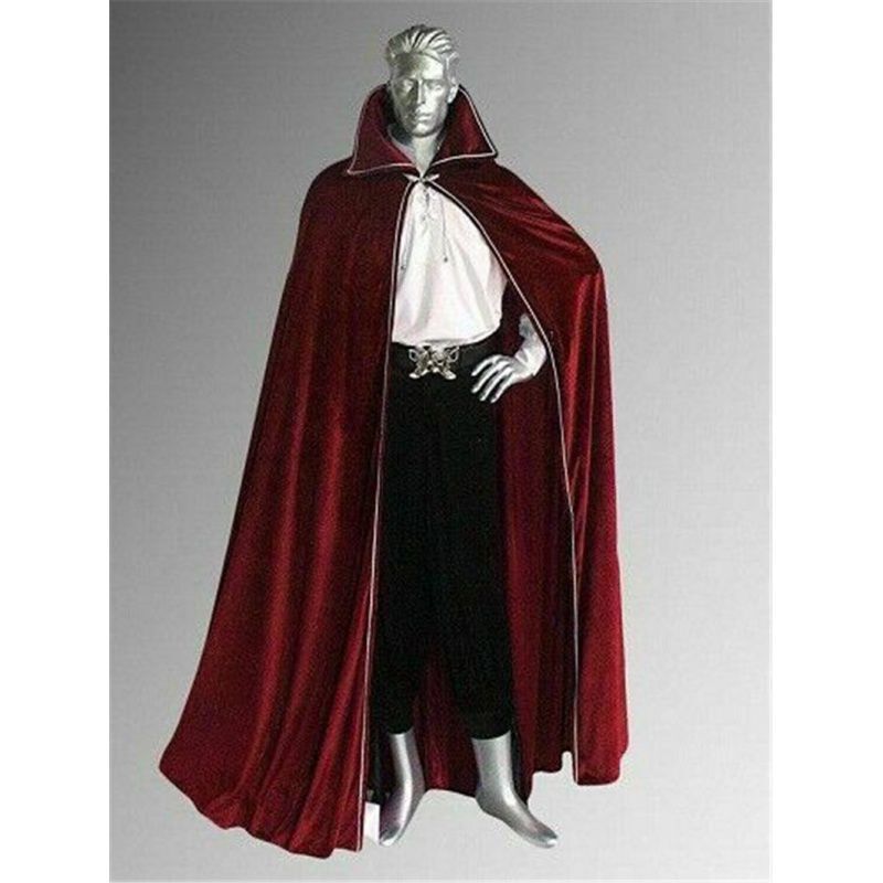 Domineering Long Collar Burgundy Velvet Cape with Lapels, Hoodless Cloak, Medieval Roman Men's Cosplay