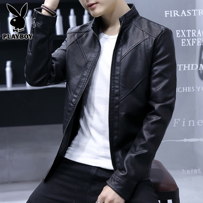 Playboy autumn leather men's casual jacket trend black all-match top clothes handsome motorcycle jacket men