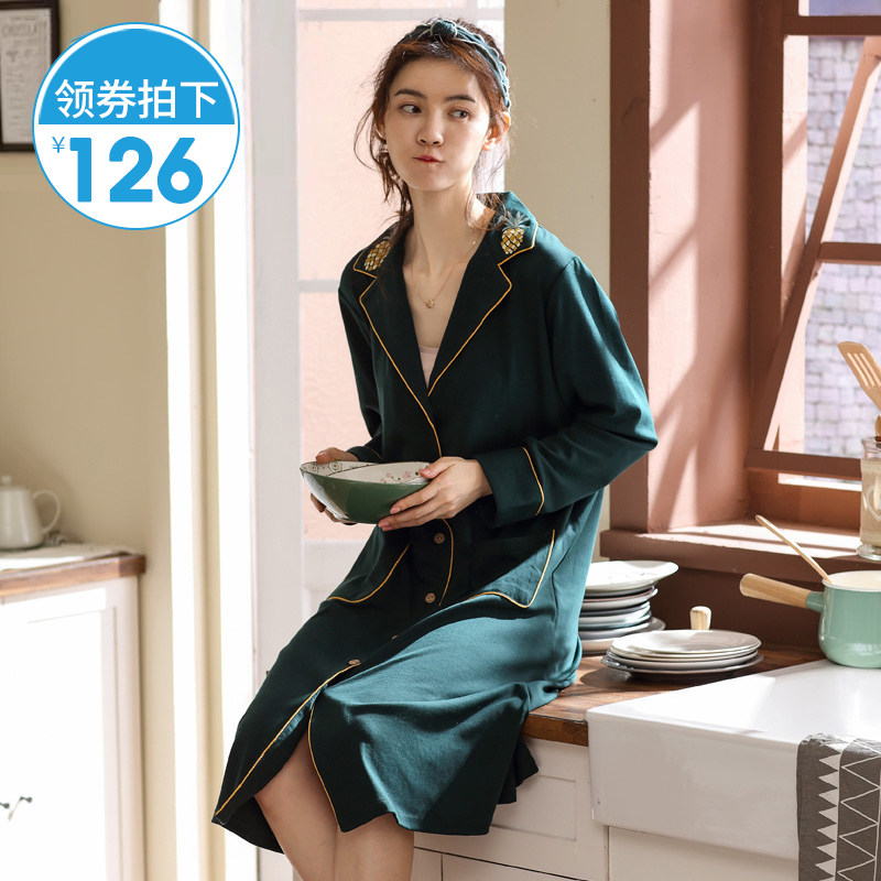 Long-sleeved night dress women's summer cotton long version thin section Korean cardigan spring and autumn pajamas Shirt style sexy princess style summer