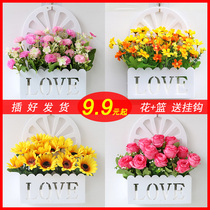Hanging wall fake wall decorated small fresh wall hanging pieces of simulation plastic flower basket room living room fence wall