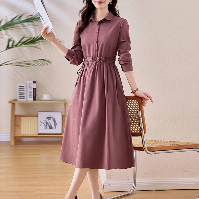 Cotton and Linen Shirt Dress for Women, 2025 Spring and Autumn New Style, Long-Sleeved, Elegant, Slimming, Tummy-Covering, Long Mother's Dress