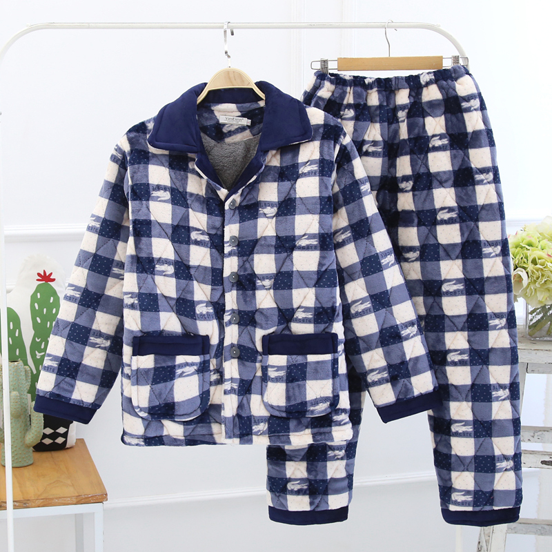 Bộ đồ ngủ nam dày ấm nhỏ áo ngủ nhỏ quạt nhỏ mùa đông đôi bông phục vụ nhà bông cashmere bộ đồ ngủ dài tay đồ bộ nam mặc nhà