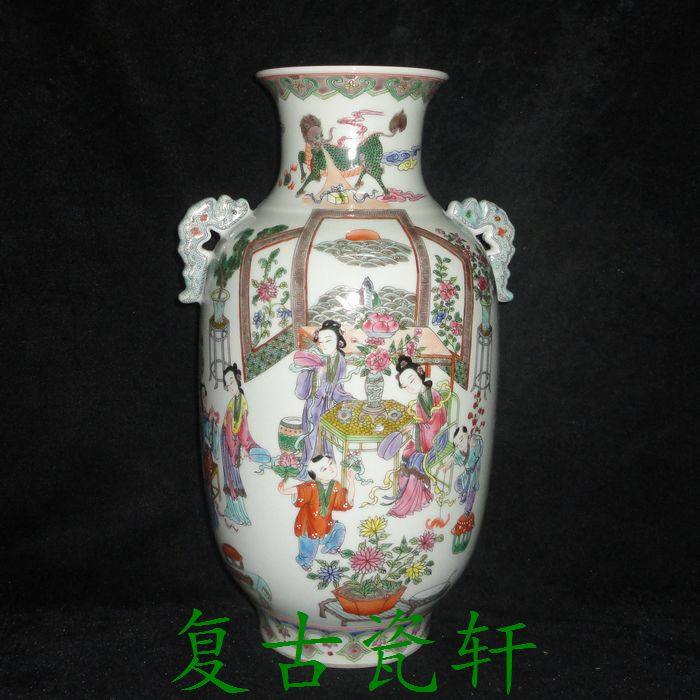 Jingdezhen Cultural Leather Factory Ceramics Art Porcelain Factory Paint Character Beauty Tape Double Ear Vase Collection