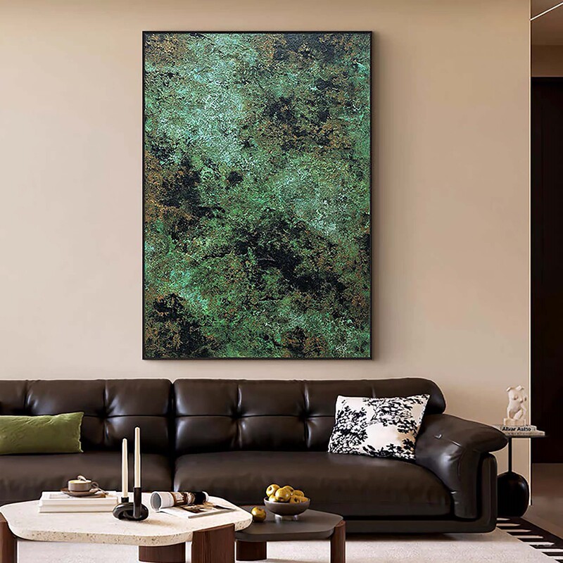 Purely Hand-Painted Oil Painting, Green Abstract Modern Minimalist Living Room Background Wall Decorative Painting, Wabi-Sabi Style Entrance Hall Wall Art