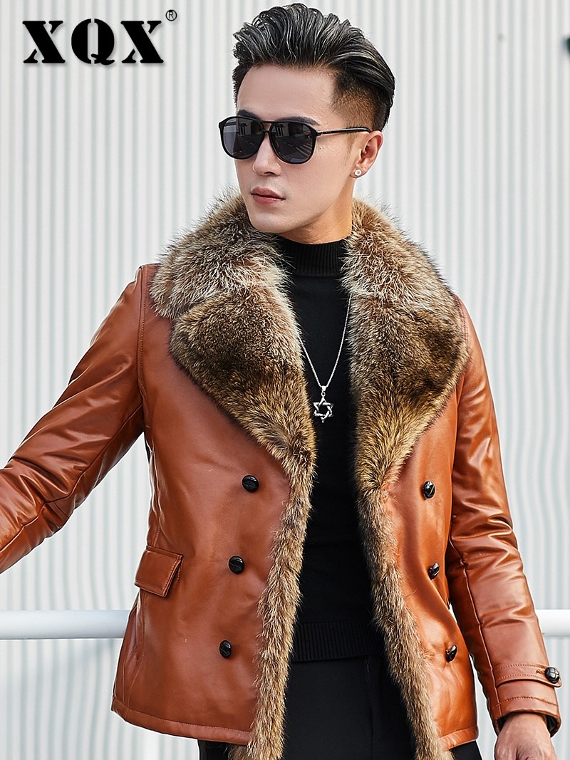 Haining leather leather clothing men's sheepskin down jacket short winter youth raccoon hair men's leather jacket jacket tide