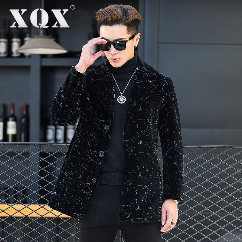Haining winter wool coat printing medium and long version of sheep shearing youth fur composite fur one-piece men's coat tide