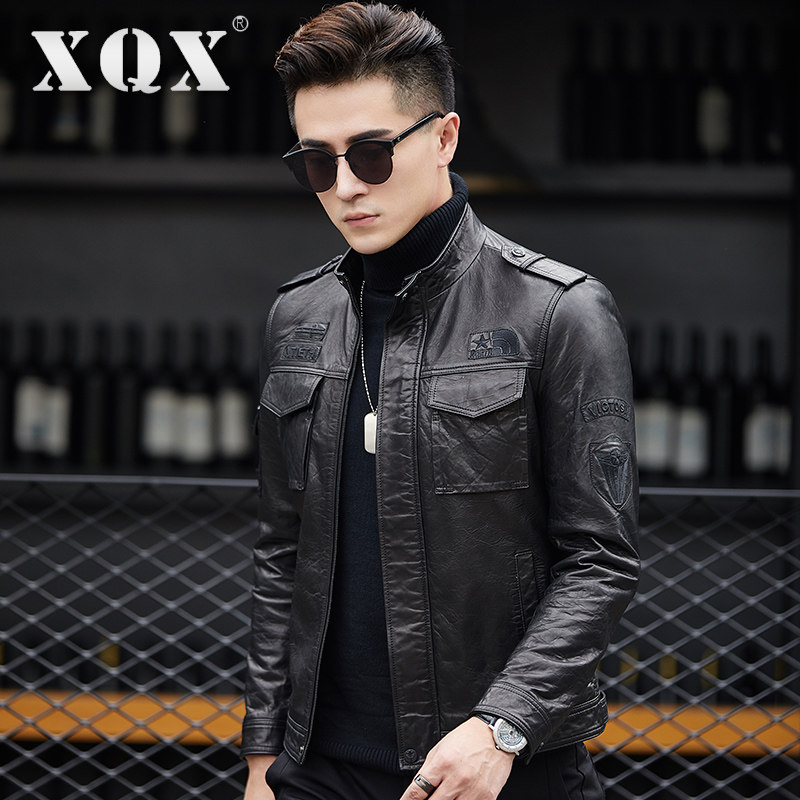 Haining leather men's leather sheepskin handsome slim stand collar new youth men's motorcycle jacket leather jacket tide