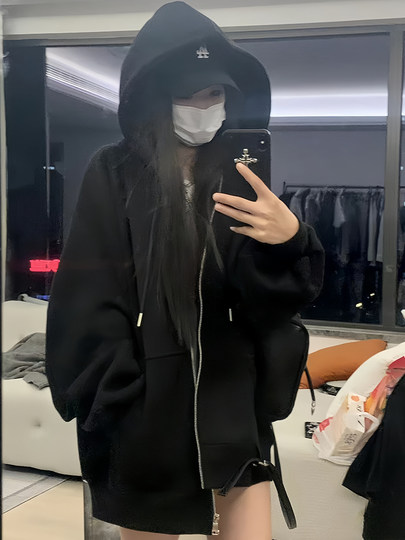 黑色连帽卫衣外套女秋冬2025新款慵懒风帽衫宽松拉链开衫长袖上衣