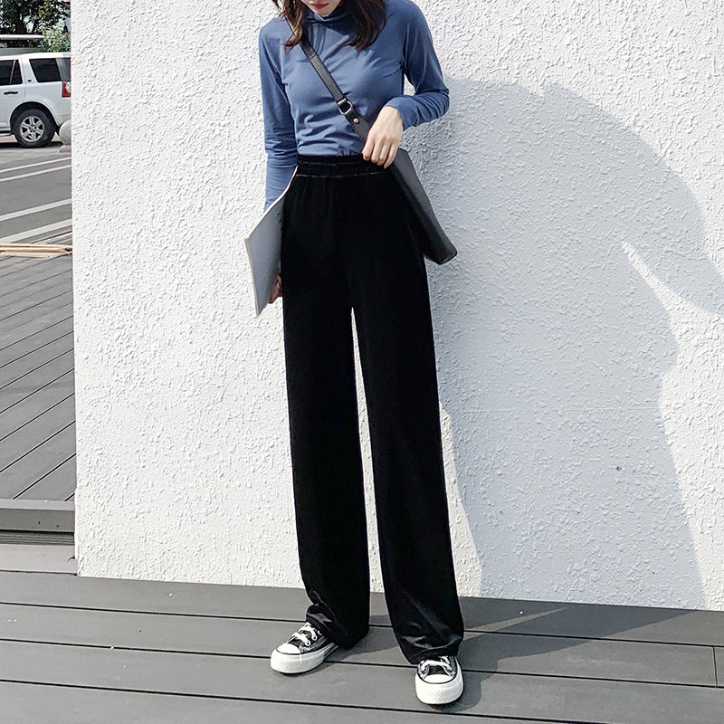 Golden velvet broad legs female high waist loose vertical straight tube black hundred long pants casual drag trousers