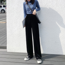 Golden velvet wide leg pants womens autumn and winter high waist loose hanging straight tube black versatile long pants casual mopping pants