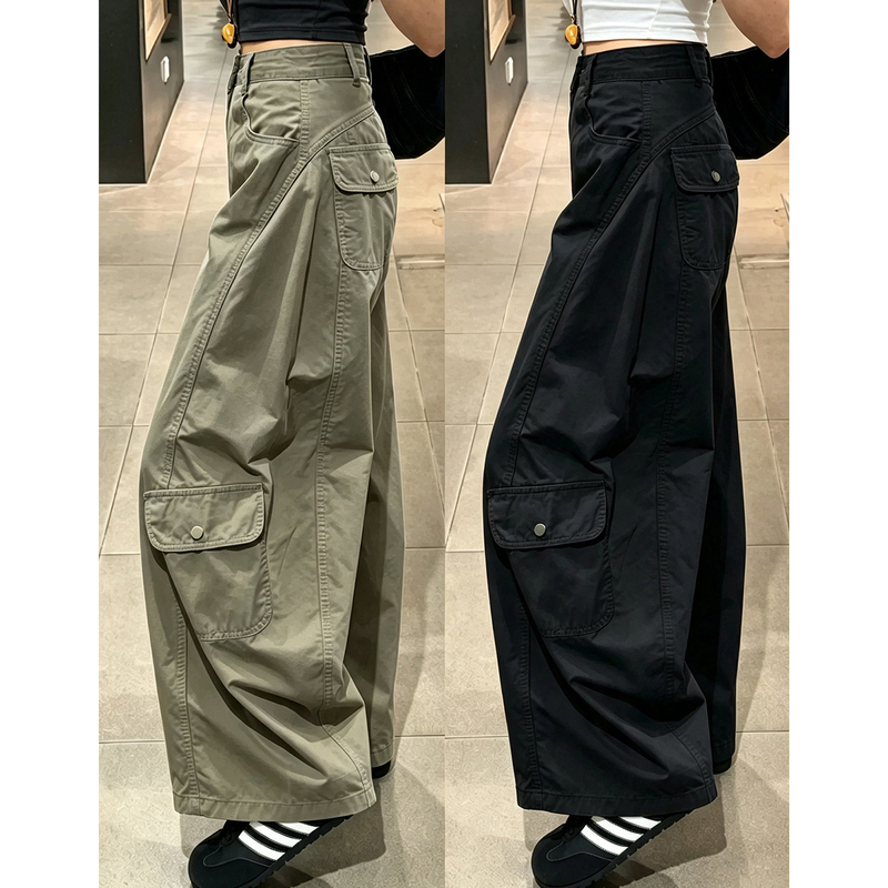 Military Green American-Style Cargo Pants for Women, New Autumn High-Waisted Petite Multi-Pocket Sweatpants, Slimming Wide-Leg Pants Military Green American-Style Cargo Pants for Women, New Autumn High-Waisted Petite Multi-Pocket Sweatpants, Slimming Wide-Leg Pants