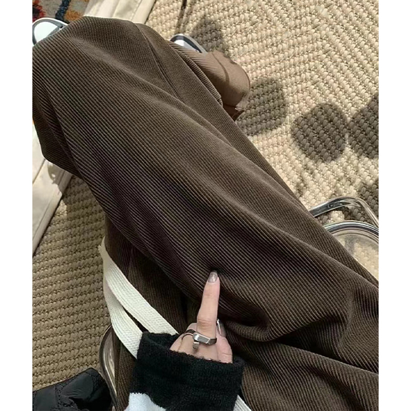 Brown Corduroy Wide-Leg Pants for Women, Autumn and Winter 2026 New Style, Loose High-Waisted Casual Petite Fleece-Lined Straight Pants