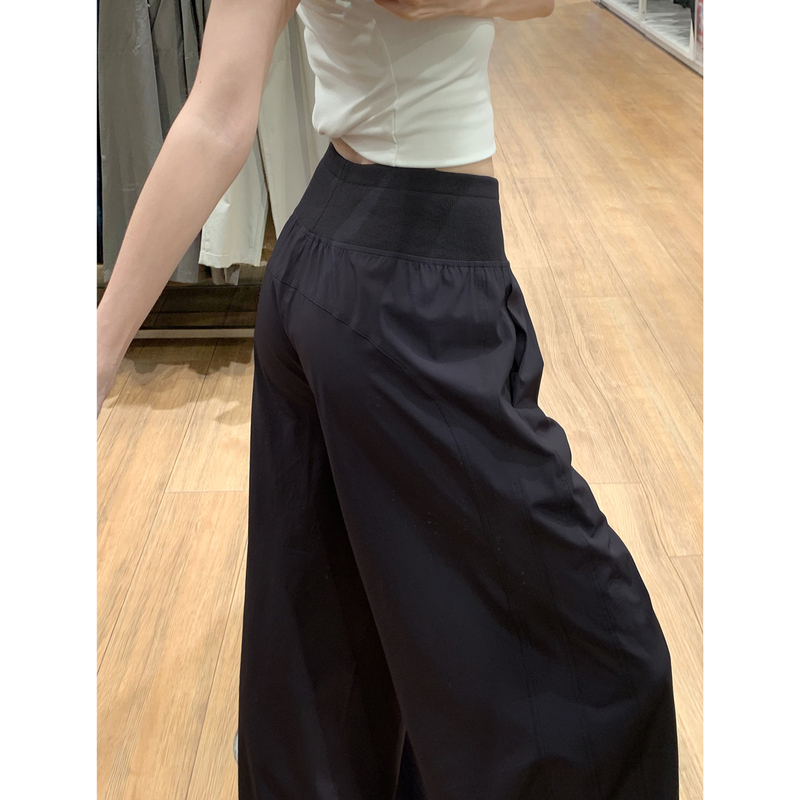 Black Quick-Drying Sports Pants for Women, Summer Thin Style, Petite Wide-Leg Pants, High-Waisted, Loose, Casual Ice Silk Gym Pants