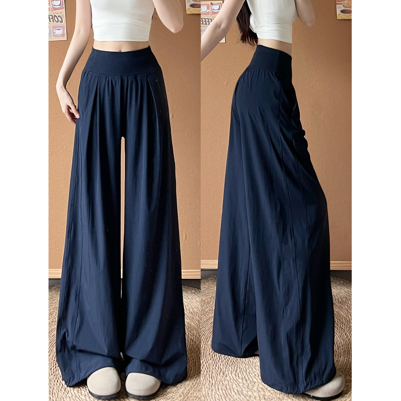 Navy Blue Ice Silk Quick-Drying Wide-Leg Pants for Women, Summer 2026 New Style, Simple, Loose, Slimming, Thin, Sports Casual Pants Navy Blue Ice Silk Quick-Drying Wide-Leg Pants for Women, Summer 2026 New Style, Simple, Loose, Slimming, Thin, Sports Casual Pants