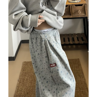 Floral Print Sweatpants for Women, Autumn and Winter 2025 New Style, High-Waisted, Drapey, Loose Wide-Leg Pants, Casual American-Style Gray Sweatpants