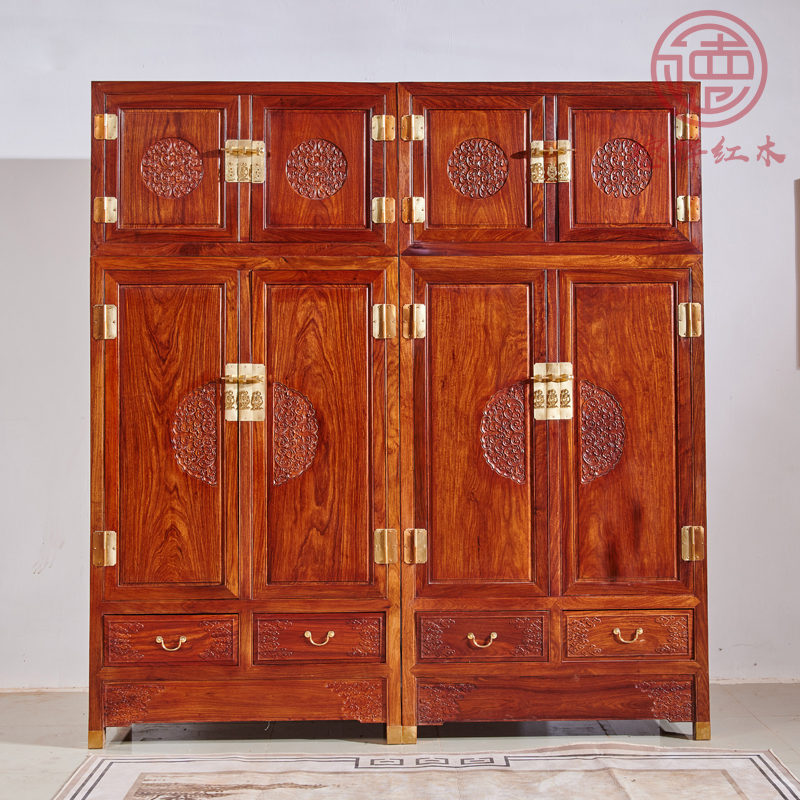 Red Wood Furniture Top Box Cabinet New Chinese Style Hedgehog Purple Sandalwood Wardrobe Flowers Pear Wood Bedroom Closet Solid Wood Wardrobe