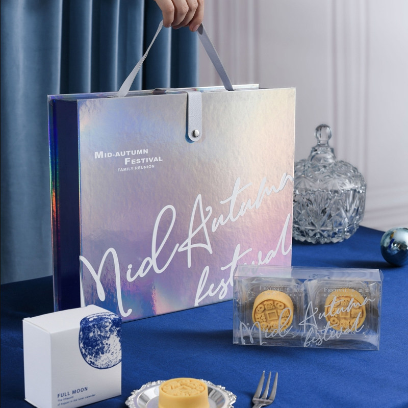 6 pieces of laser 2022 Mid-Autumn Festival ice skin flow heart moon cake gift box packaging box portable high-grade egg yolk crisp hard box customization