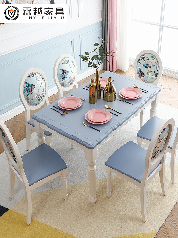 Mediterranean dining table and chair combination set Nordic household blue and white solid wood Modern simple European small apartment dining table