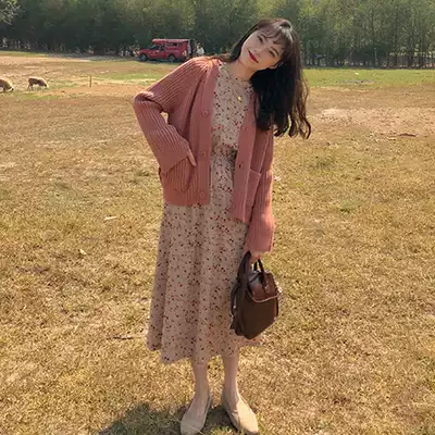 2021 New Women's Light ripe style sweater with floral dress long skirt two-piece set autumn and winter