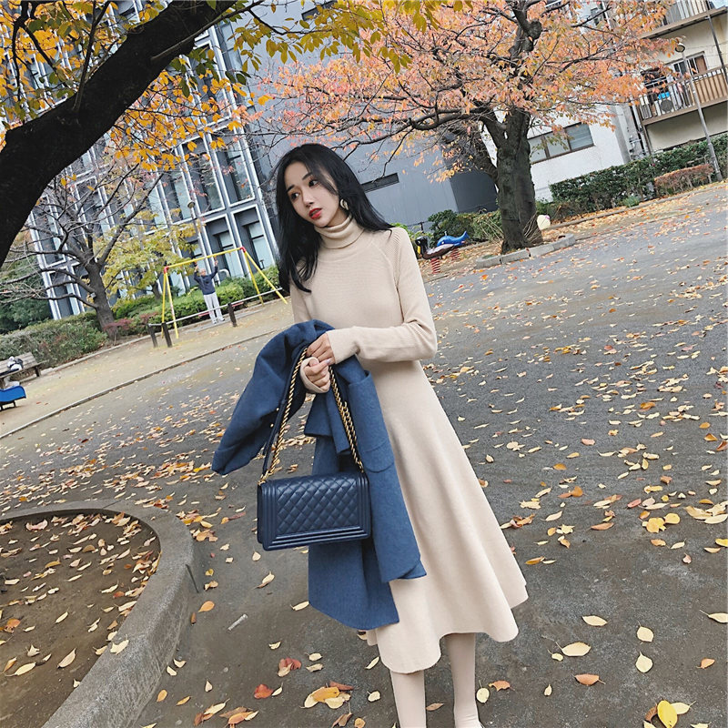 2022 new women's matching coats bottoming long version knitted sweater over the knee long skirt dresses autumn and winter thickening
