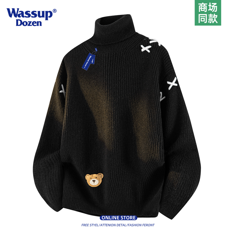 Wassup Dozen American Cartoon Style Turtleneck Knitwear for Men Black Bear Embroider Loose Knitwear Trendy Winter Wear