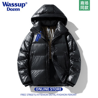 Wassup Dozen Trendy Black Gold Hooded Glossy down Jacket for Men and Women, Couple Style, Winter Warm Loose Coat