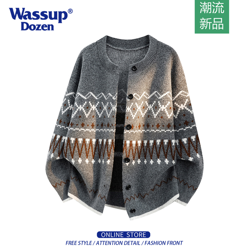Wassup Dozen Retro Jacquard Knitted Cardigan Men's Loose Round Neck Lazy Style Sweater Jacket Autum Jacket