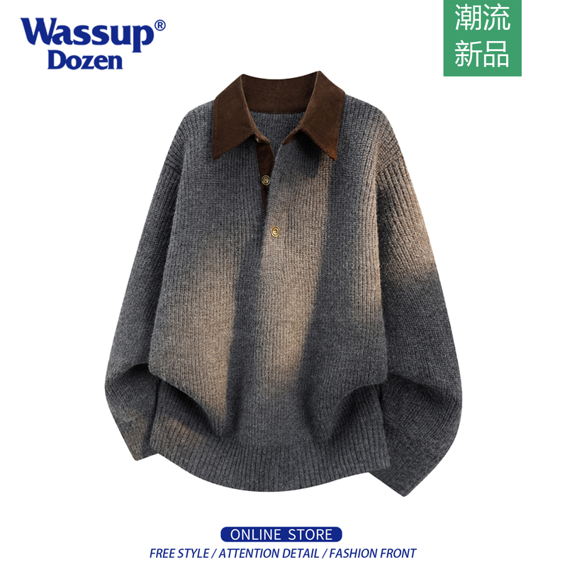 Wassup Dozen Fake Two-Piece Polo Sweater for Men, Autumn and Winter, Color-Blocked Lapel, Loose, Thick-Knit Pullover Top
