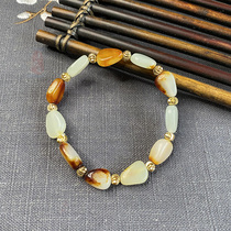 Xinjiang Hetian Jade Bracelet Mens and womens Jade white jade bracelet yellow skin small seed material with the shape of the original stone jade bracelet