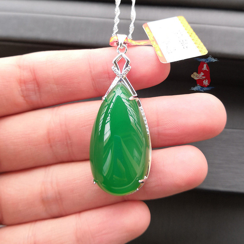 Natural Ice Seed Green Jade Medullary Drop Pendant Female Lock Bone Item Chain Sub Emerald Color Agate Precious Silver Female Money Send Mom