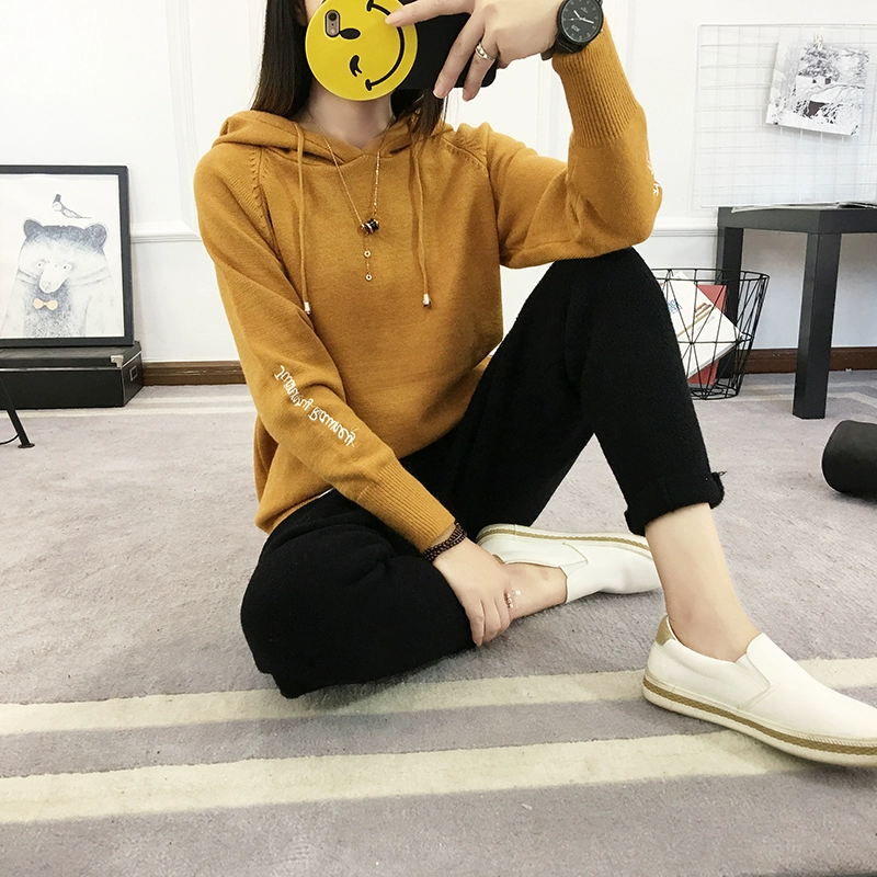 Mùa thu đông 2017 Phiên bản Hàn Quốc của áo len lỏng lẻo màu rắn trùm đầu chữ đại học gió hoang dã áo len áo len nữ - Áo / áo thun áo thun