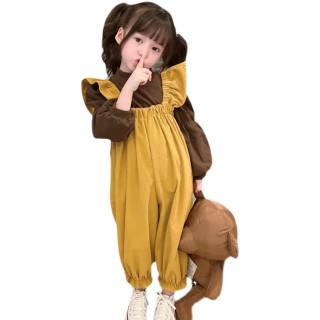 Girls fashion suit 2022 spring and autumn new Korean version baby puff sleeve bottoming shirt corduroy overalls trendy