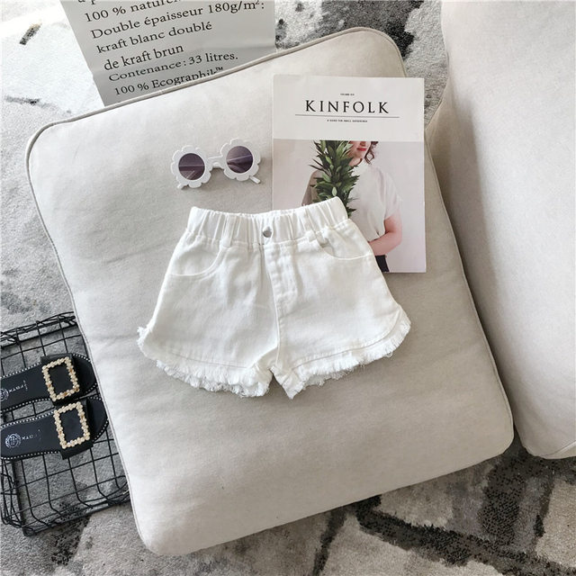 Girls' foreign style solid color lace denim shorts 2022 summer Korean version of the baby fashionable casual hot pants children's pants