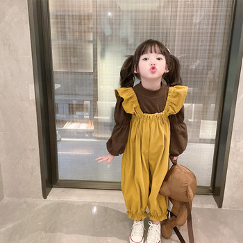 Girls fashion suit 2022 spring and autumn new Korean version baby puff sleeve bottoming shirt corduroy overalls trendy