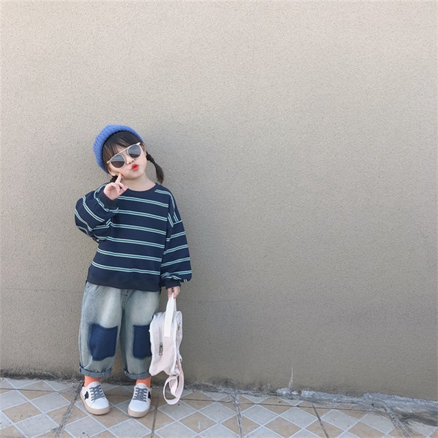 Children's fashion striped sweater suit 2022 spring new baby jeans boys and girls two-piece trend