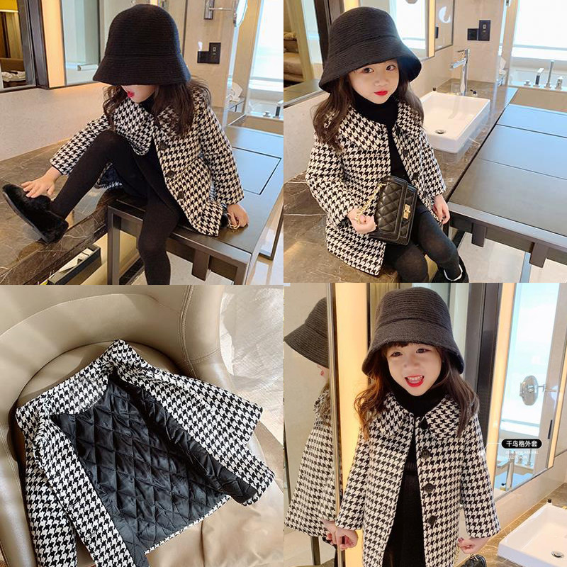 Girl's jacket mid-length winter new Korean version Children's foreign pie Thousand bird gagger coat of woolen sweater thickened