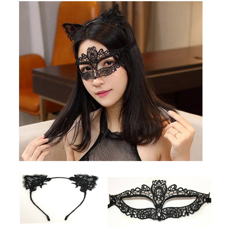 Makeup Balls Halloween Party Mask Women Feel Black Lace Cat Ears Hair Stirrup Accessories Suit