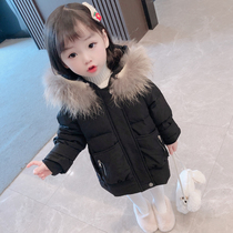  Childrens clothing 2021 girls  winter clothes new down jacket female baby childrens mid-length Western style hooded thickened jacket tide