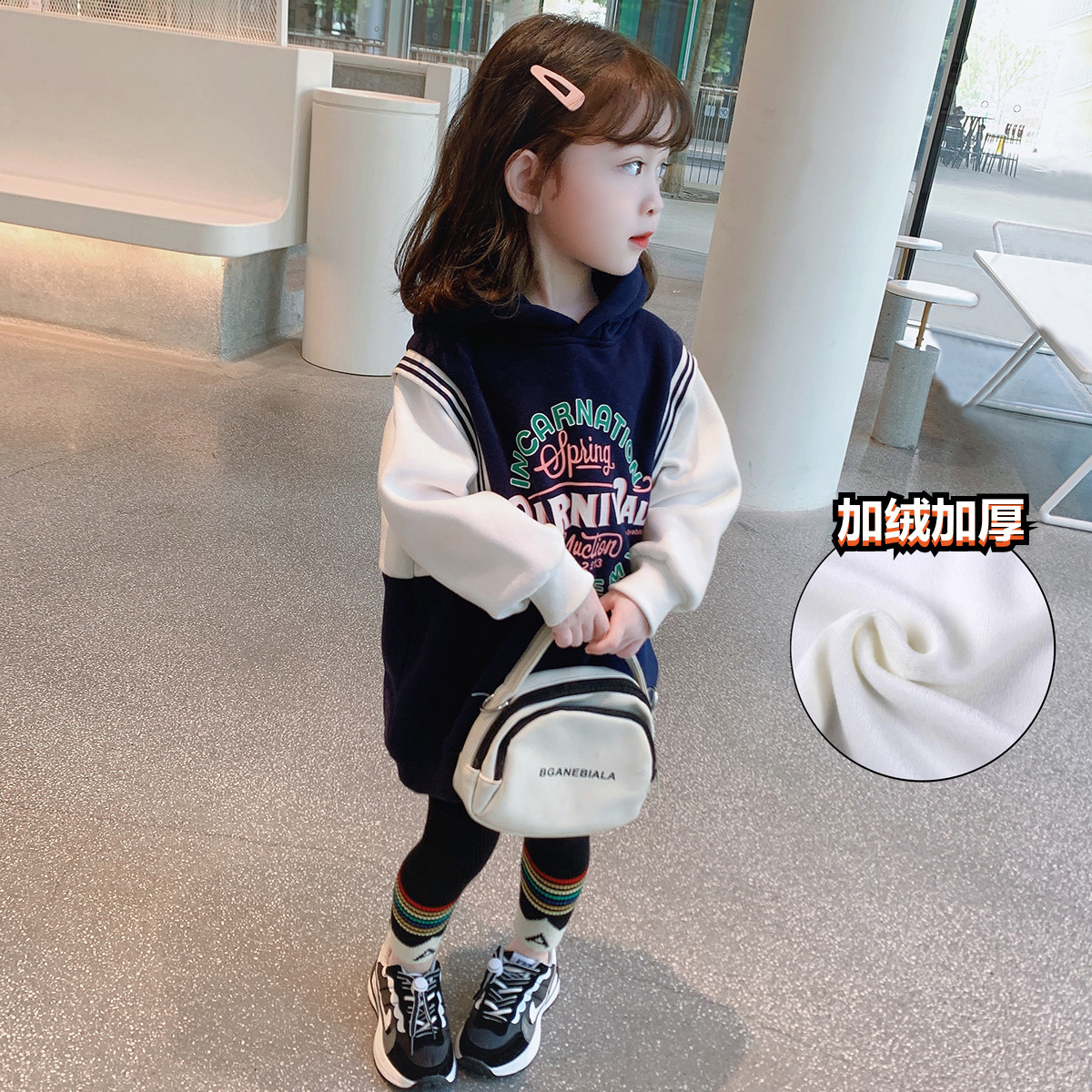 Female Baby Plus Suede Foreign Dress 2022 Children Dress New Girl Foreign Pie Middle Long Version Fake Two Wee Dress Winter Tide